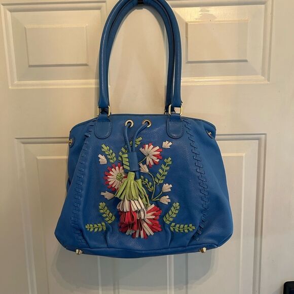 Isabella Fiore Blue Leather Floral Embroidered Shoulder Bag - Picture 2 of 9